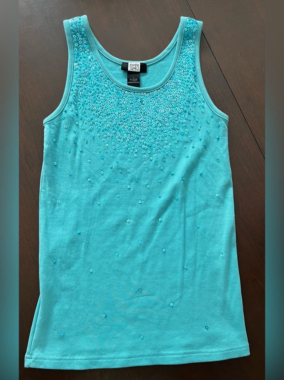Studio 1940 Turquoise Aqua Blue Sequin Embellished Ribbed Knit Tank Top Large